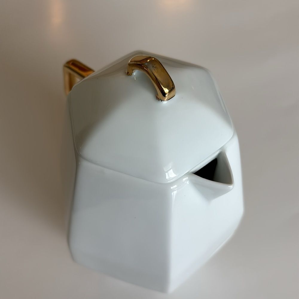 CB2 White Hexagonal Stacking Teapot Cup Gold Trim Tea For One - Picture 6 of 11